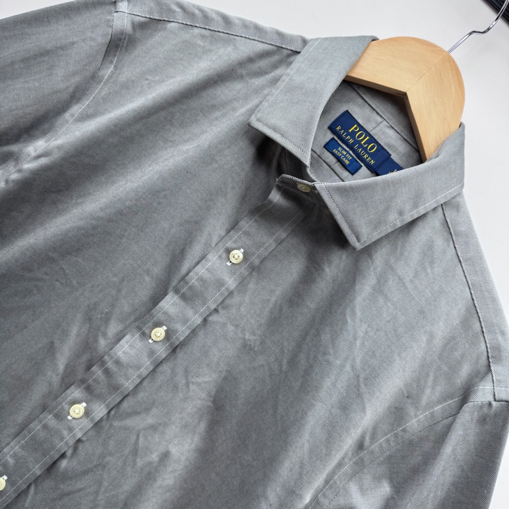 Polo Ralph Lauren Button Down Shirt Mens 16 Grey Slim Fit Easy Care Cotton Long